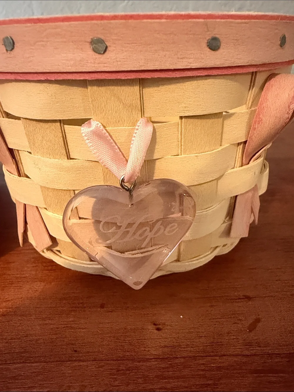 Longaberger Cream and Pink Handwoven Heart Basket